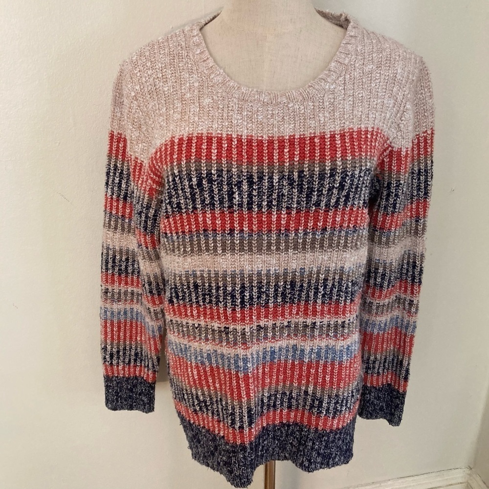 L.L.Bean Multicolor Stripe Textured Knit Cotton Blend Pullover Sweater Blue Tan